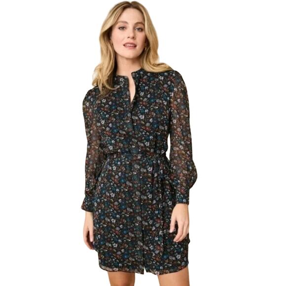 Untuckit Floral Collarless Marnie Shirt Dress Button Front Sheer Lined Tie, Size - Picture 8 of 8